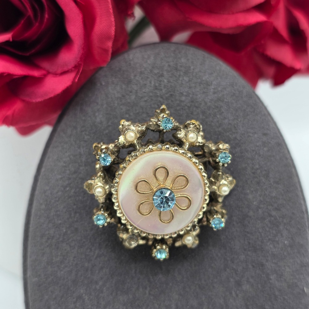 Vintage Coro Brooch Mother of Pearl Blue Rhinestone Faux Pearl Gold Tone 1.5"
